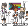 Image of three young people in a clinic waiting room speaking with a healthcare provider. There is a LGBTQIA+ flag on the wall in the background.
